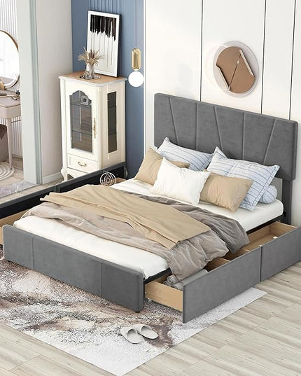 Queen Size Upholstered Platform Bed Frame with 4 Storage Drawers and Adjustable Headboard, Wooden Slats Support, No Box Spring Needed, Gray - LeafyLoom