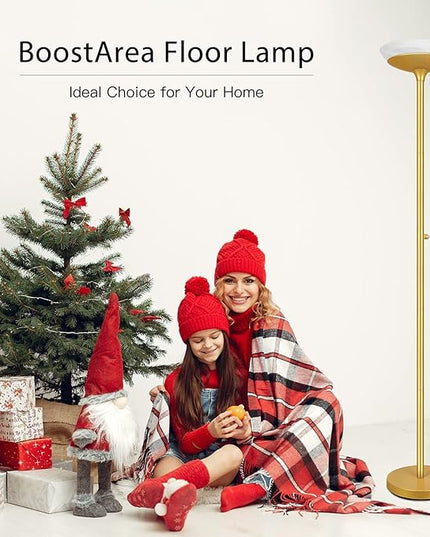 BoostArea Torchiere Floor Lamp, 24W Super Bright LED Standing Lamp, 3000K Stepless Dimmable Pole Lamp with Rotary Switch, 70 Inch Tall Metal Modern Floor Lamps for Living Room/Bedroom/Office/Den, Gold - LeafyLoom