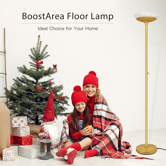 BoostArea Torchiere Floor Lamp, 24W Super Bright LED Standing Lamp, 3000K Stepless Dimmable Pole Lamp with Rotary Switch, 70 Inch Tall Metal Modern Floor Lamps for Living Room/Bedroom/Office/Den, Gold - LeafyLoom