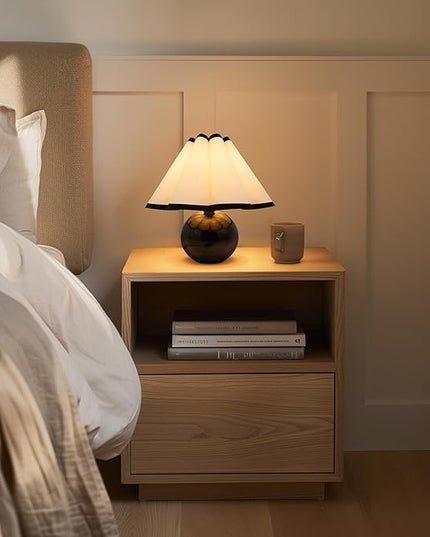Brightech Blair LED Table Lamp - Small Modern Black Table Lamp with Marble Globe Base, Pleated Shade for Bedroom, Bedside, Side Table - Ambient Night Light with Soft White Light for Desk, Living Room - LeafyLoom