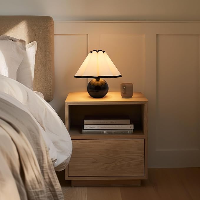Brightech Blair LED Table Lamp - Small Modern Black Table Lamp with Marble Globe Base, Pleated Shade for Bedroom, Bedside, Side Table - Ambient Night Light with Soft White Light for Desk, Living Room - LeafyLoom