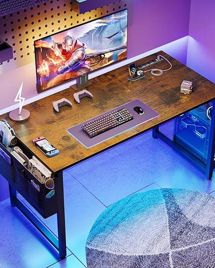 AODK 40 inch Small Computer Desk with Power Outlet for Small Spaces Home Office Student Laptop PC Writing Desks with Storage Bag Headphone Hook, Vintage - LeafyLoom