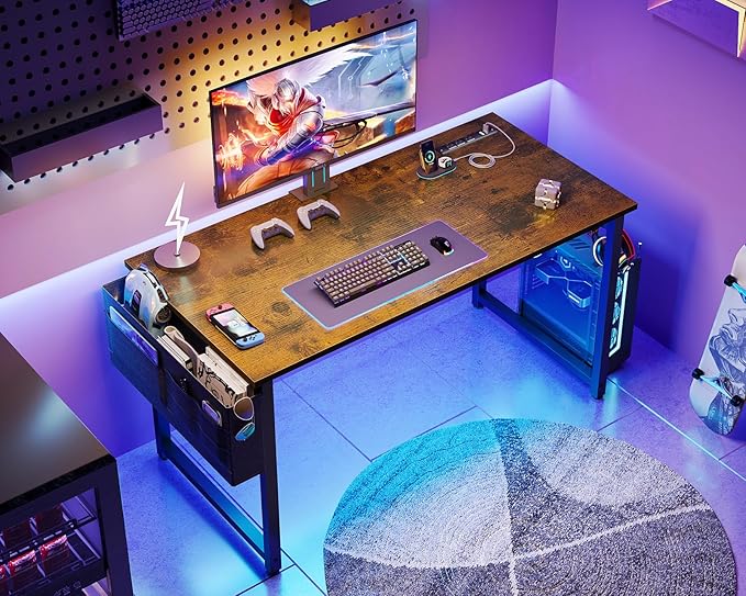 AODK 40 inch Small Computer Desk with Power Outlet for Small Spaces Home Office Student Laptop PC Writing Desks with Storage Bag Headphone Hook, Vintage - LeafyLoom