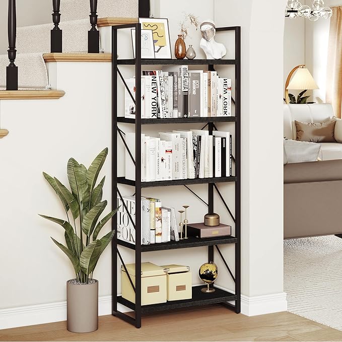 YITAHOME 5-Tier Bookshelf, Freestanding Black Book Shelf, Modern Minimalist Open Display Storage Book Shelves Standing Shelving Unit for Living Room Bedroom Home Office, Black - LeafyLoom