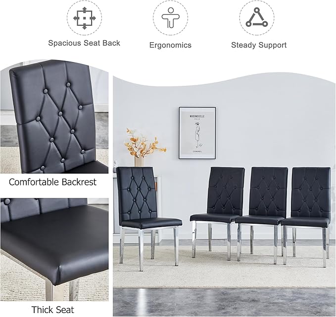 NicBex Dining Chairs Set of 4 Modern PU Dining Room Kitchen Chairs with Embedded Button High Backrest,Silver Metal Legs,Chairs for Dining Room, Kitchen,Living Room, and Restaurants,Black - LeafyLoom