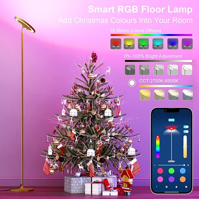 Keepsmile Gold Double Side Lighting LED Floor Lamp with Remote Smart App 36W 2600LM Bright Tall Standing RGB Floor Lamp Angle Multicolor Dimmable Modern Floor Lamps for Living Room Bedroom - LeafyLoom