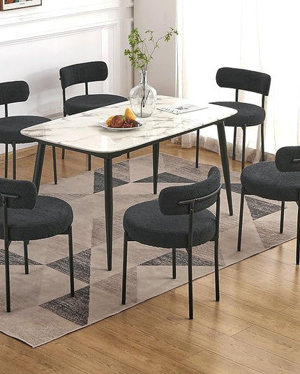EDWELL Black Dining Chairs Set of 6, Mid-Century Modern Dining Room Chairs with Thick Cushions, Round Upholstered Boucle Dining Chair with Metal Legs for Kitchen, Living Room, Kitchen Chairs - LeafyLoom