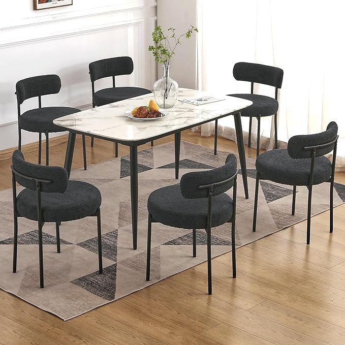 EDWELL Black Dining Chairs Set of 6, Mid-Century Modern Dining Room Chairs with Thick Cushions, Round Upholstered Boucle Dining Chair with Metal Legs for Kitchen, Living Room, Kitchen Chairs - LeafyLoom