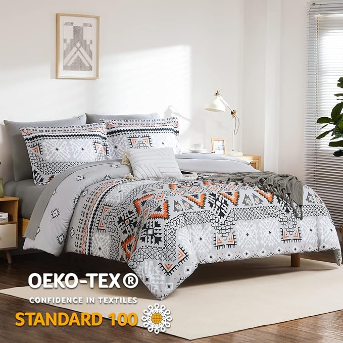 CASAAGUSTO Queen Comforter Set, 8 Pieces Gray Orange Boho Comforter Set, Microfiber Cozy Bohomian Bedding Set with Decor Pillow, Lightweight Breathable for All Seasons - LeafyLoom