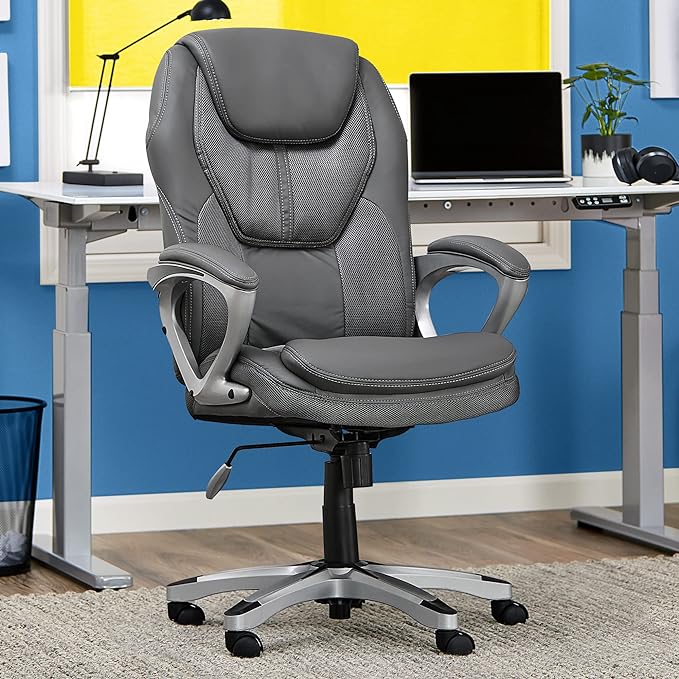 Serta Executive Office Padded Arms, Adjustable Ergonomic Gaming Desk Chair with Lumbar Support, Faux Leather and Mesh, Light Gray - LeafyLoom