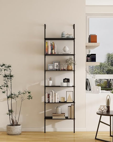 Panana 6 Tier Tall Modern Bookshelf, Industrial Ladder Shelf Open Space Wall Mount Bookshelf with Metal Frame Sturdy Bookcase for Living Room (Black, 6-Tier) - LeafyLoom