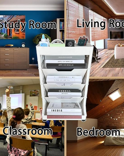 5 Tier Rolling Book Utility Cart, Removable Movable Bookshelf Organizer with Wheels, Storage Book Shelves, Book Rack, Mobile White Bookcase for Study in Classroom Home School Office - LeafyLoom