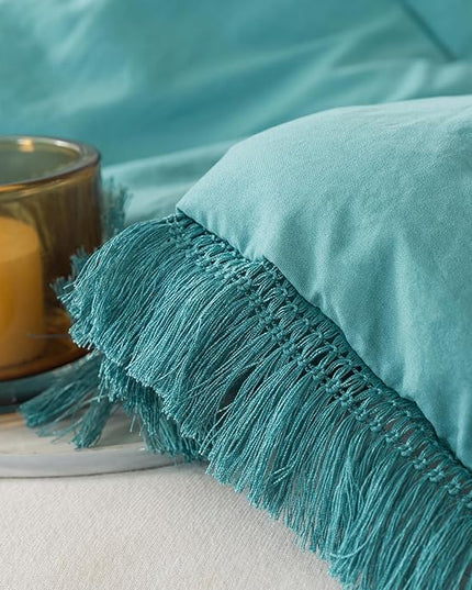 Andency Aqua Tassel Comforter Set Queen(90x90Inch), 3 Pieces(1 boho Comforter, 2 Pillowcases) Farmhouse Shabby Chic Comforter Set, Soft Microfiber Lightweight Fringe Bedding Comforter Set - LeafyLoom