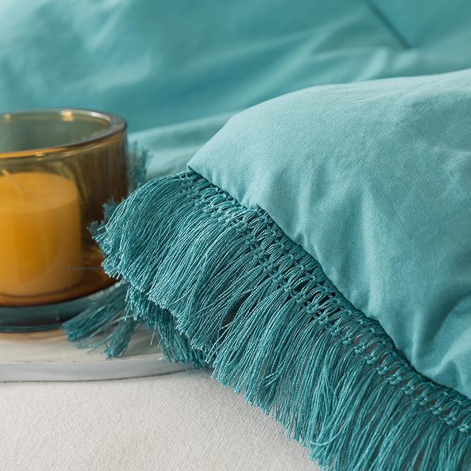 Andency Aqua Tassel Comforter Set Queen(90x90Inch), 3 Pieces(1 boho Comforter, 2 Pillowcases) Farmhouse Shabby Chic Comforter Set, Soft Microfiber Lightweight Fringe Bedding Comforter Set - LeafyLoom