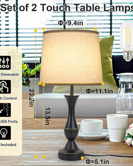 Touch Lamps for Bedrooms Set of 2, Farmhouse Table Lamp with USB C Charging Port, 3 Way Dimmable Nightstand Lamps with Linen Fabric Lampshade for Bedroom, Living Room (Pack2-Black) - LeafyLoom