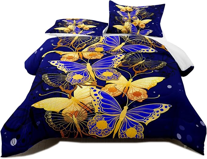 Butterfly Comforter Set, Bed Comforter Twin Set Bedroom Blue Gold Butterfly Bedding Sets for Girls Teens Retro Vintage Soft Quilt Set Twin Size, 2 Piece 1 Comforter + 1 Pillowcase - LeafyLoom