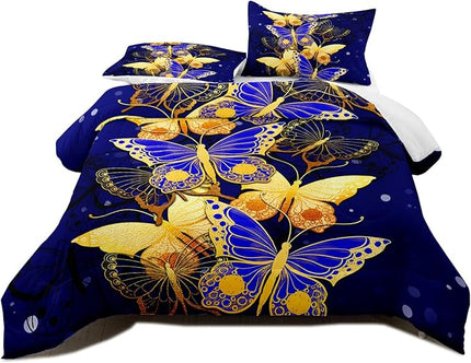 Butterfly Bedding Queen Size Comforter Set Blue Gold Butterfly Bedding Sets for Adult Teens Soft lightweight Bed Quilt Sets for Bedroom, 3 Piece 1 Comforter + 2 Pillowcases - LeafyLoom