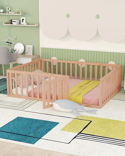 Multifunctional Full Size Floor Bed with Safety Guardrails and Door, Montessori Sturdy Solid Wood Beds Frame, Easy Assembly and No Spring Need, for Boys and Girls Room, Natural - LeafyLoom