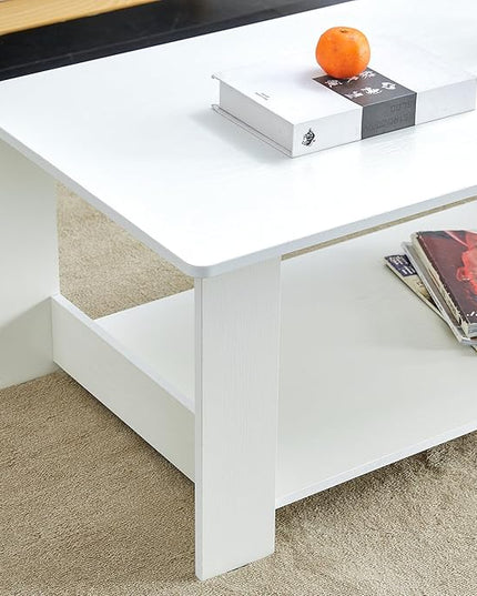 Farmhouse Wood Coffee Table - Boho Tea Table with Storage Shelf, Rectangle Center Table Wood Look Accent Table, 2-Tier Sofa Side Table Modern Rectangular Coffee Table Living Room Furniture - LeafyLoom