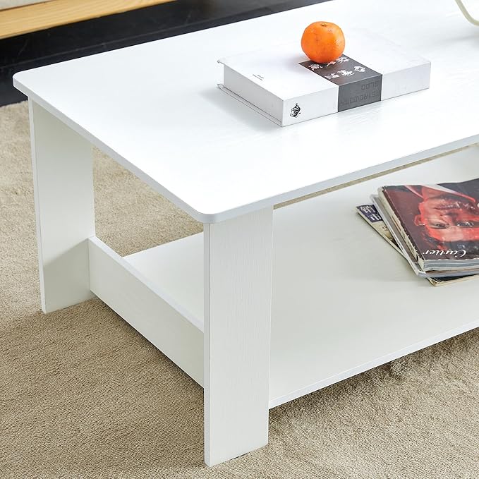 Farmhouse Wood Coffee Table - Boho Tea Table with Storage Shelf, Rectangle Center Table Wood Look Accent Table, 2-Tier Sofa Side Table Modern Rectangular Coffee Table Living Room Furniture - LeafyLoom