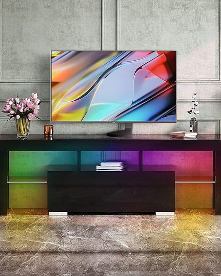 HOUAGI LED TV Stand for Televisions up to 55 Inchs,Modern Entertainment Center with Storage Drawer and Glass shelf, TV Console Table for Living room,Bedroom,Black - LeafyLoom
