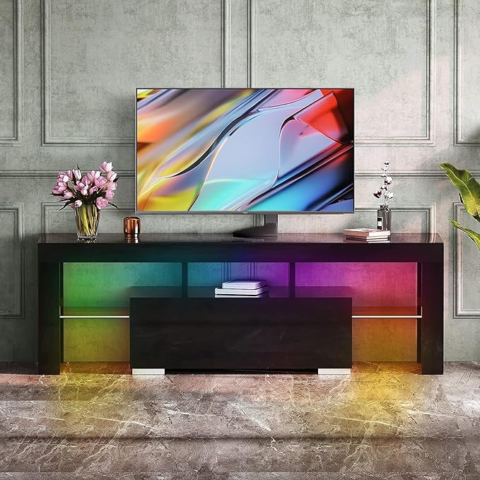 HOUAGI LED TV Stand for Televisions up to 55 Inchs,Modern Entertainment Center with Storage Drawer and Glass shelf, TV Console Table for Living room,Bedroom,Black - LeafyLoom