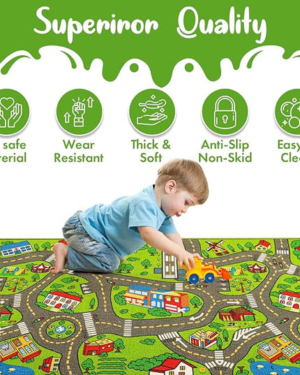Kids Carpet Playmat City Life 3D Playroom Rug | 30 x 60 Inch Extra Large Toddler Activity Mat for Race Cars & Toys | Playroom Rug Makes a Fun Educational Gift Idea for Boys & Girls (Green) - LeafyLoom