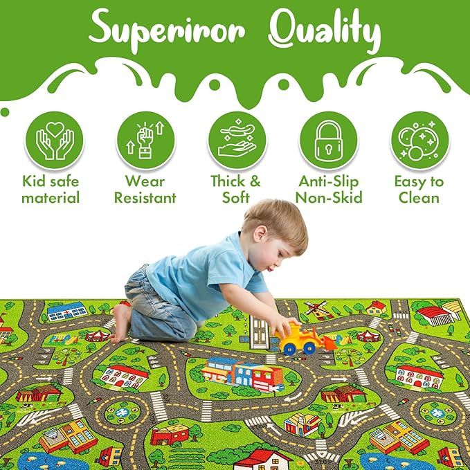 Kids Carpet Playmat City Life 3D Playroom Rug | 30 x 60 Inch Extra Large Toddler Activity Mat for Race Cars & Toys | Playroom Rug Makes a Fun Educational Gift Idea for Boys & Girls (Green) - LeafyLoom
