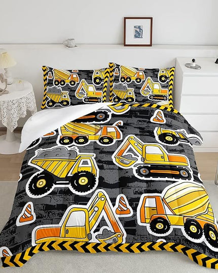 Datura home Kids Construction Truck Comforter Set for Boys Kids,Excavators Truck Machinery Vehicles Tractor Printed Bedding Set with 1 Comforter and 2 Pillowcases(Truck Yellow Twin) ,Twin 68x86inches - LeafyLoom