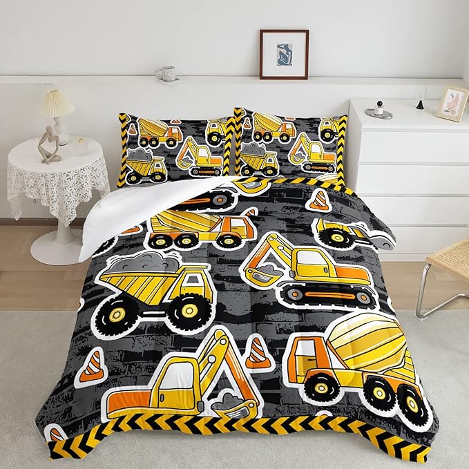 Datura home Kids Construction Truck Comforter Set for Boys Kids,Excavators Truck Machinery Vehicles Tractor Printed Bedding Set with 1 Comforter and 2 Pillowcases(Truck Yellow Queen)90x90in - LeafyLoom