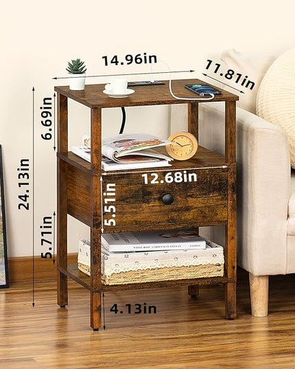 Lerliuo Nightstand Set of 2 with Charging Station and USB Ports, 3-Tier Storage End Table with Drawer Shelf, Night Stand for Small Spaces, Wood Bedside Table for Living Room, Bedroom-Brown - LeafyLoom