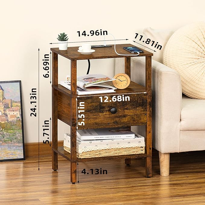 Lerliuo Nightstand Set of 2 with Charging Station and USB Ports, 3-Tier Storage End Table with Drawer Shelf, Night Stand for Small Spaces, Wood Bedside Table for Living Room, Bedroom-Brown - LeafyLoom