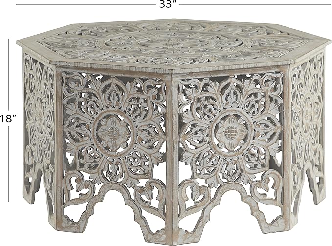 Deco 79 Wooden Floral Handmade Living Room Coffee Table Intricately Carved Table with Hollow Interior, Center Table 33" x 33" x 18", Light Gray - LeafyLoom