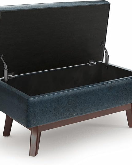 SIMPLIHOME Owen 36 inch Wide Rectangle Small Rectangular Storage Ottoman in Distressed Dark Blue Faux leather, for the Living Room, Family Room and Entryway - LeafyLoom