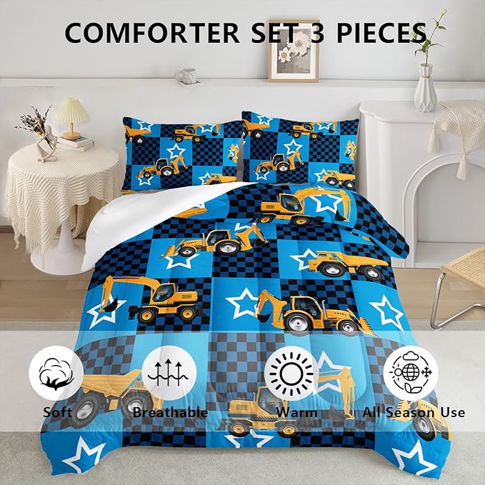 Axolotl Excavator Comforter Set Full Size,Blue Plaid Comforter Set with Star,Excavator Bedding Set for Kids Boys Teens,Construction Vehicle Comforter Set for Boys,1 Quilt 2 Pillowcases - LeafyLoom