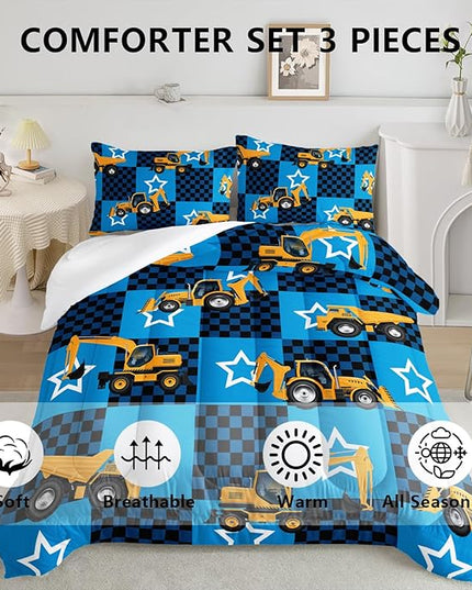 Axolotl Excavator Comforter Set Queen Size,Blue Plaid Comforter Set with Star,Excavator Bedding Set for Kids Boys Teens,Construction Vehicle Comforter Set for Boys,1 Quilt 2 Pillowcases - LeafyLoom