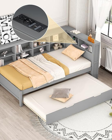 Wooden Twin Size DayBed with L-Shaped Bookcase Headboard and Trundle, Wood Twin Day Bed Frame with Storage Shelf and USB Charging Ports for Living Room Bedroom, Gray - LeafyLoom