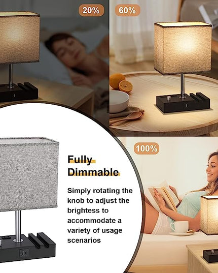 Kakanuo Fully Dimmable Bedside Lamps for Bedroom with USB C Ports, Grey USB Table Lamp Set of 2, Wooden Desk Lamp with 2 Charging Outlets and Phone Stand for Nightstand and Living Room, Bulb Included - LeafyLoom