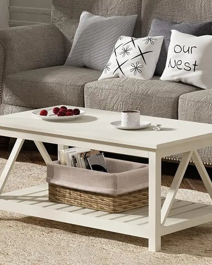 ChooChoo Coffee Table, Living Room Table with Shelf, 40 Antique White - LeafyLoom