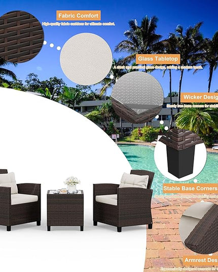 Shintenchi 3 Pieces Patio Furniture Set 3 Pieces PE Rattan Wicker Chairs with Table Outdoor Furniture for Backyard/Garden/Poolside/Outdoor Restaurant Brown Rattan with White Cushion - LeafyLoom