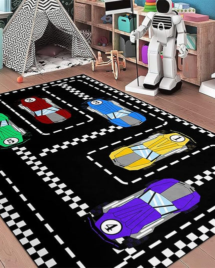Car Rug Race Car Rug Car Track Rugs for Boys Race Track Carpet Race Car Track Rug Car Rug for Boys Room Car Rug Play Mat Car Carpet for Kids Rugs for Boys Bedroom,Black 3'×4' - LeafyLoom