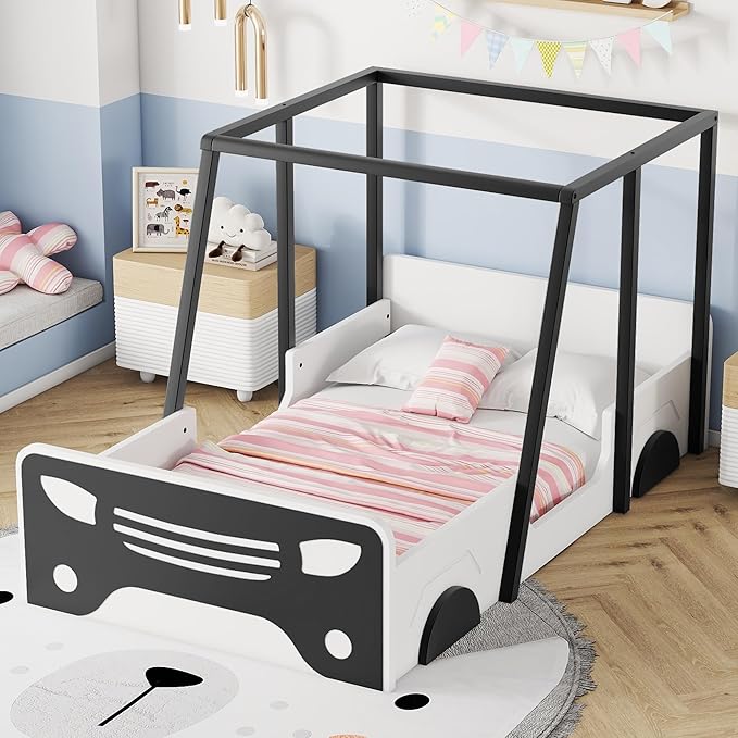 Toddler Twin Size Car Bed with Roof & Door,Wooden Car-Shaped Floor Bedframe W/Safety Guardrail,Racecar Design,Easy Assembly,Montessori Inspired Bedroom Furniture for Boys Kids Teens,Black - LeafyLoom