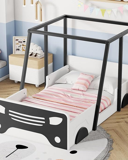 Twin Size Bed Car-Shaped,Twin Montessori Floor Bed Frame Car Bed with Wheels and Door,Solid Wood Twin Car-Shaped Platform Bed for Children, Boys, Girls, Toddler, Without Slats,Black - LeafyLoom