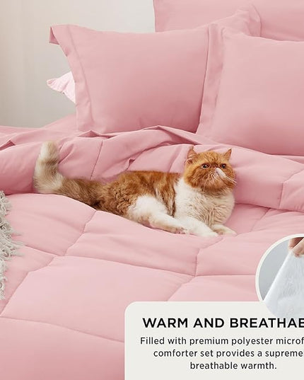 Bedsure Pink Full Size Comforter Set - 7 Pieces Solid Full Bed in a Bag, Full Bed Set Pink with Comforters, Sheets, Pillowcases & Shams - LeafyLoom