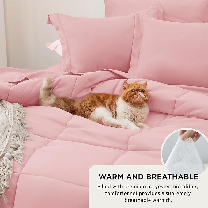 Bedsure Pink Full Size Comforter Set - 7 Pieces Solid Full Bed in a Bag, Full Bed Set Pink with Comforters, Sheets, Pillowcases & Shams - LeafyLoom