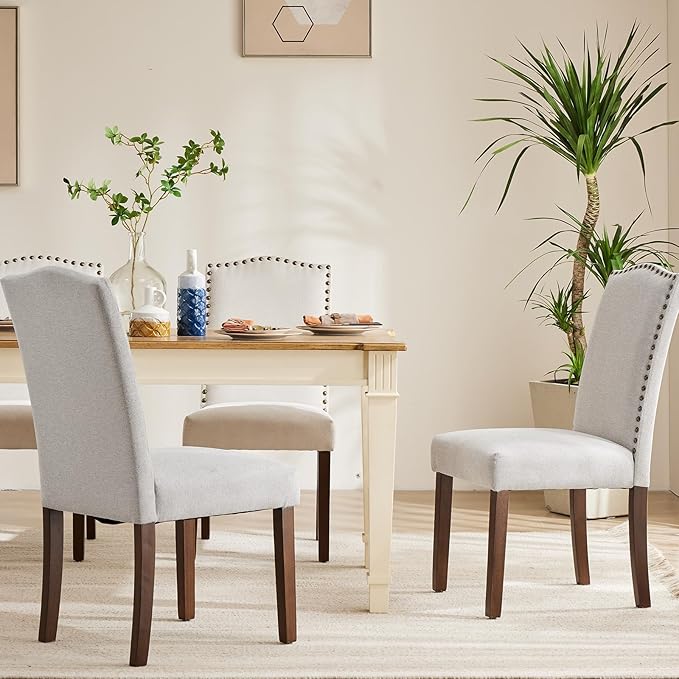 DUMOS Dining Chairs Set of 2, Fabric Dining Room Chairs, Upholstered Parsons Chairs with Nailhead Trim & Wood Legs, Kitchen Side Chair for Dining Living Room,Bedroom - Grey - LeafyLoom