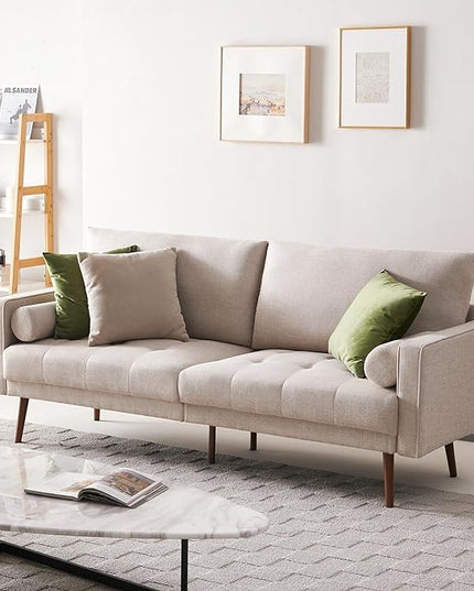 Vonanda Fabric Sofa Couch, Mid-Century 73 Inch 3 Seater Linen Couch with Hand-Stitched Comfort Cushion and Bolster Pillows for Living Room,Elegant Beige - LeafyLoom