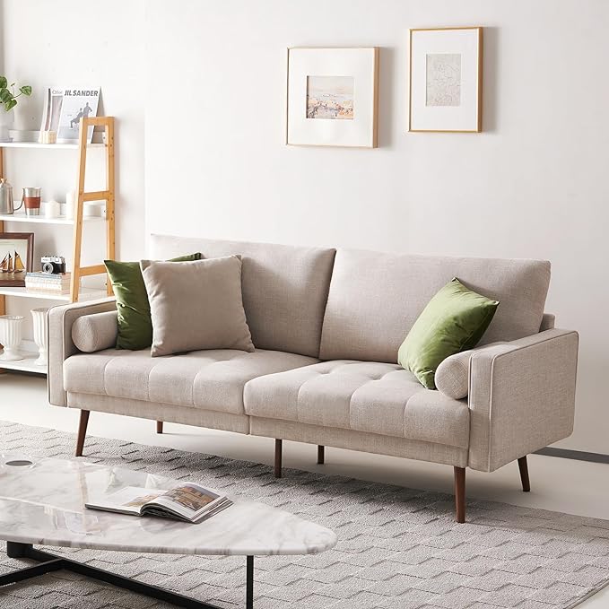 Vonanda Fabric Sofa Couch, Mid-Century 73 Inch 3 Seater Linen Couch with Hand-Stitched Comfort Cushion and Bolster Pillows for Living Room,Elegant Beige - LeafyLoom