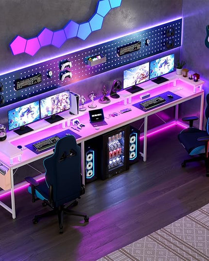 U Shaped Computer Gaming Desk, Reversible L Shaped Desk with Power Outlets, LED Strip & Monitor Stand, Large Corner Desk with Storage Shelves for Home Office,Deep Pink - LeafyLoom