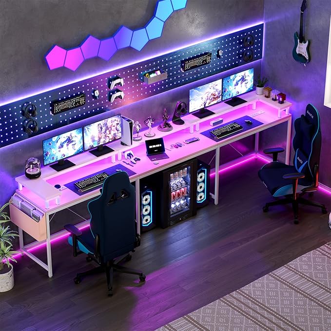 U Shaped Computer Gaming Desk, Reversible L Shaped Desk with Power Outlets, LED Strip & Monitor Stand, Large Corner Desk with Storage Shelves for Home Office,Deep Pink - LeafyLoom